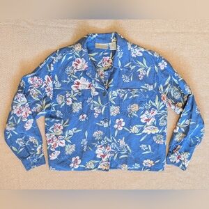 Vintage Liz Claiborne Lizwear Blue Floral Linen-Cotton Lightweight Jacket
